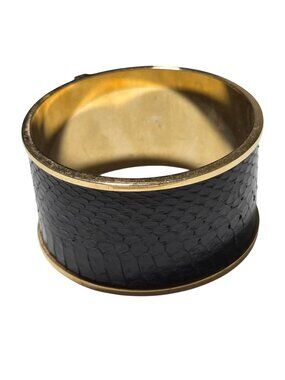 Vince Camuto Snake Print Wide Bangle Bracelet Black Leather Gold Tone Chunky